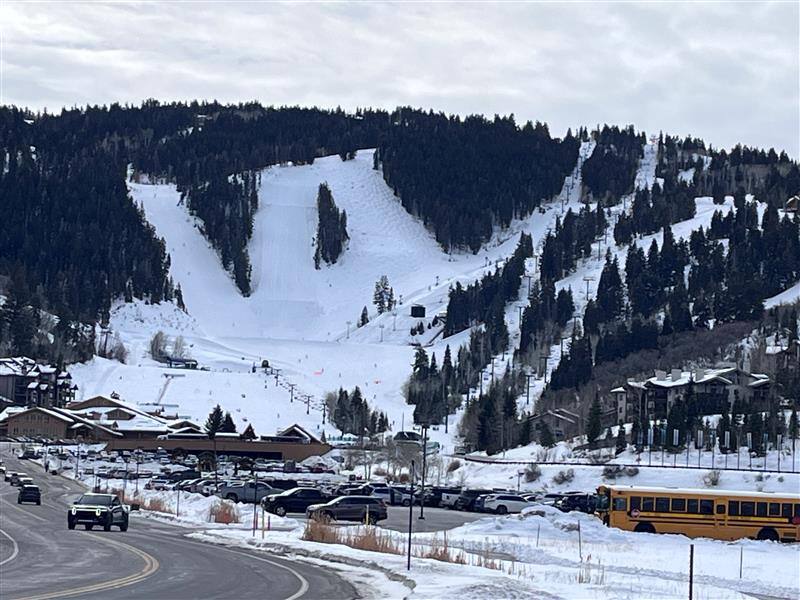 Snow-covered mountains and roads near Sundance Film Festival in Park City, Utah