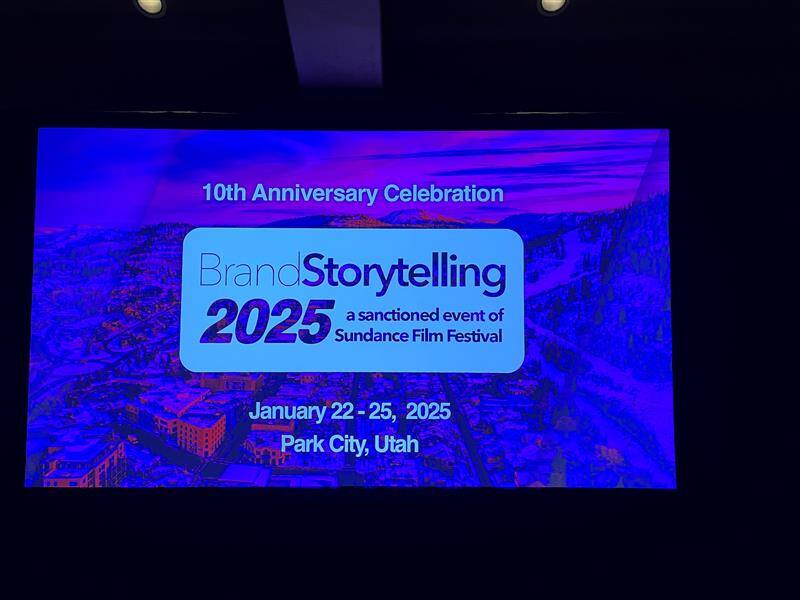 A presentation slide with BrandStorytelling's logo and a message about its 10th Anniversary celebration